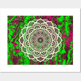 Flower Mandala on Abstract Green and Pink Background Posters and Art